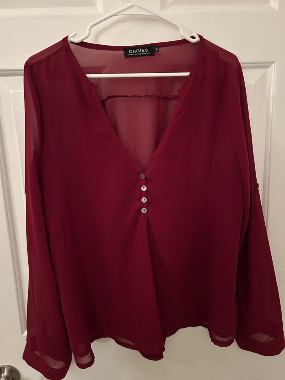 Choies Burgundy V-Neck Sheer with Lining Blouse